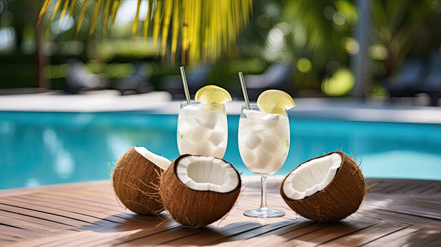 A coconut-themed cocktail party by the pool