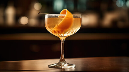 Cocktail glass with a citrus garnish.,cocktail on the table