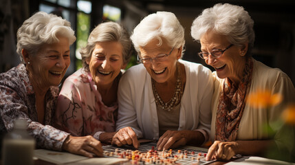 Group of senior women playing board game together in a retirement home. - obrazy, fototapety, plakaty