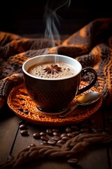 Coffee in brown cup on wooden table.