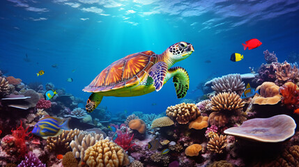 Fototapeta na wymiar Turtle with Colorful tropical fish and animal sea