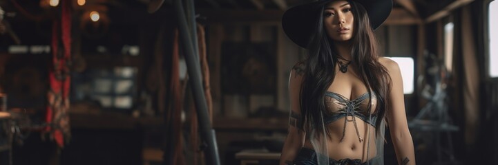 A Beautiful Badass Asian Cowgirl wearing Lingerwear - Amazing Cowgirl Background - Clothes are in the Raw, Tough and Grunge Style - Asian Cowgirl Wallpaper created with Generative AI Technology - obrazy, fototapety, plakaty