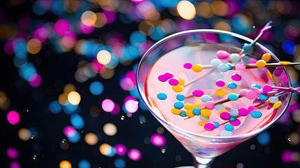 glass of champagne on the table with confetti,  Close-up of confetti in a party-themed cocktail.