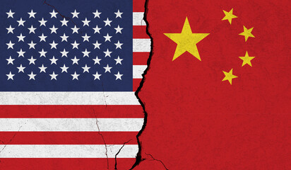 USA China flag cracked wall background