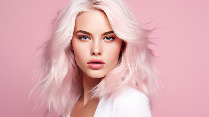 Portrait of a beautiful, elegant, sexy Caucasian woman with perfect skin and white long hair, on a pink background, banner.