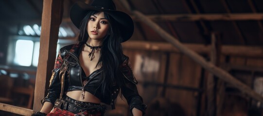 Obraz na płótnie Canvas A Beautiful Badass Asian Cowgirl wearing Lingerwear - Amazing Cowgirl Background - Clothes are in the Raw, Tough and Grunge Style - Asian Cowgirl Wallpaper created with Generative AI Technology
