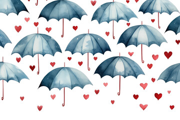 Colorful umbrellas with hearts instead of raindrops watercolor on white background, valentines day concept