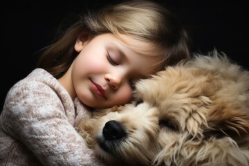 A little girl sleeping in the arms of a huge teddy bear.