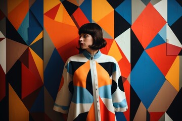 A model clothed in geometric shapes of art.