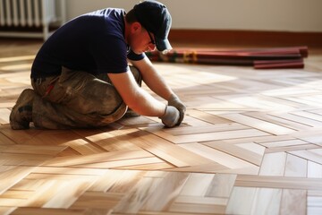 A parquet layer at work. - obrazy, fototapety, plakaty