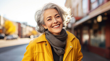 portrait of a smiling elderly woman with gray hair walking on the street