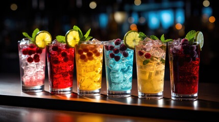  set of Alcoholic cocktails, Variety of alcoholic drinks and multi colored cocktails on the reflective surface of bar counter,Panorama banner with an assortment of colorful exotic alcoholic cocktail	 - obrazy, fototapety, plakaty