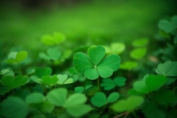 Green clover leaves on a blurred background. Shallow depth of field.