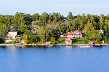 Fototapeta na wymiar Swedish settlements on islets of Stockholm Archipelago in Baltic Sea, Sweden