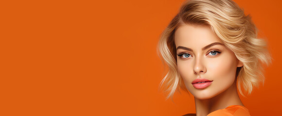 Portrait of a beautiful, sexy Caucasian woman with perfect skin and white long hair, on an orange background. - obrazy, fototapety, plakaty