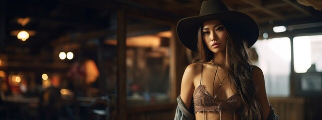A Beautiful Badass Asian Cowgirl wearing Lingerwear - Amazing Cowgirl Background - Clothes are in the Raw, Tough and Grunge Style - Asian Cowgirl Wallpaper created with Generative AI Technology - obrazy, fototapety, plakaty