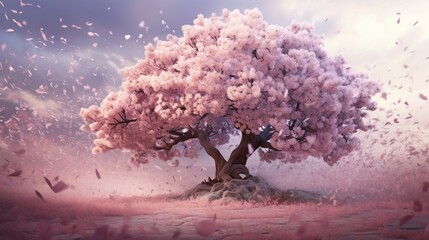 A pink cherry blossom tree in full bloom, its delicate petals falling like confetti in the spring...