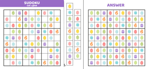 Big difficult sudoku with nine colorful Easter eggs. Game puzzle for kids. Cut and glue. Cartoon