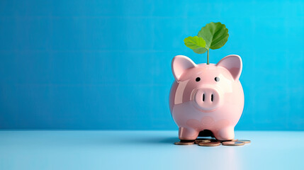 pink piggy bank on blue background, Smiling pink pig piggy bank, a stack of gold coins and a green plant growing, isolated on blue background. Investment success, savings concept 