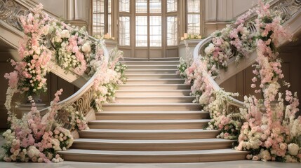 Fototapeta na wymiar decoration wedding flowers background staircase illustration design floral, luxury decor, banquet party decoration wedding flowers background staircase