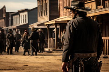 Cowboy Prepares For Duel In Wild West Town - obrazy, fototapety, plakaty