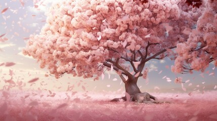A pink cherry blossom tree in full bloom, its delicate petals falling like confetti in the spring...