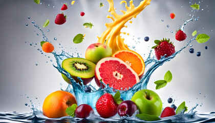 Big collection of beautiful fresh fruits floating in a juice mixture and pulp