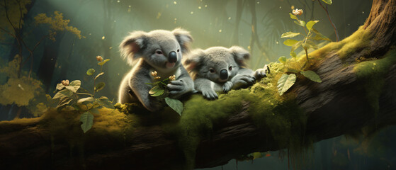 Two koalas are relaxing in the middle of the forest