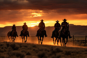 Group Of Cowboys On Horseback At Sunset. Сoncept Western Style Shoot, Cowboy Charm, Sunset Equestrians, Wild Wild West, Horseback Adventures - obrazy, fototapety, plakaty