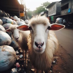 Obraz premium animals among garbage.Save animals environmental problems background image