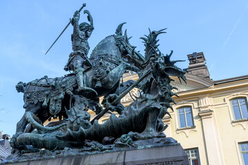 Stockholm, Sweden: Bronze replica St George and the Dragon Statue, Köpmantorget