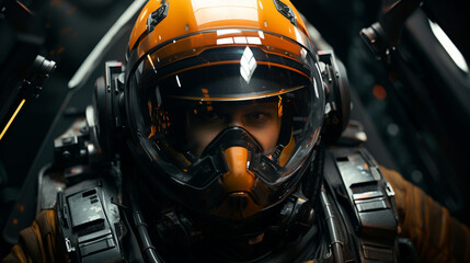 Racer in helmet.