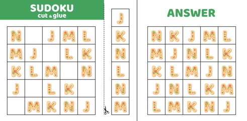 Sudoku with five cookie letters. J, K, L, M, N. Game puzzle for little kids. Cut and glue