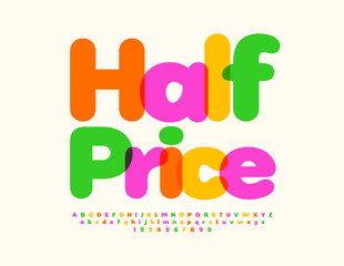 Vector promo poster Half Price with set of watercolor Alphabet Letters and Numbers. Bright artistic Font