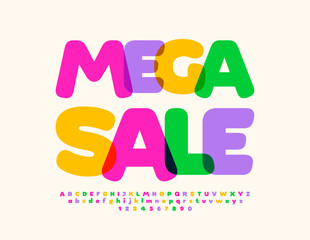 Vector colorful banner Mega Sale. Bright creative Font. Trendy Alphabet Letters and Numbers.