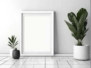 Modern Interior Elegance. Wooden Picture Frame on White Wall. Empty wooden picture frame