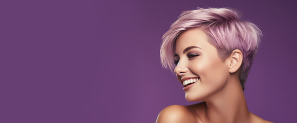 Portrait of a beautiful, sexy Caucasian woman with perfect skin and white short hair, on a purple background.