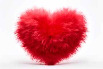 Red fluffy heart made of faux fur on a white background. Valentine's day concept, valentines card or template. Generate Ai.