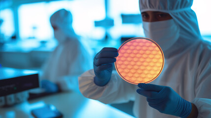 Lab technician holds semiconductor  silicone wafer in hands inside semiconductor fabrication plant - obrazy, fototapety, plakaty