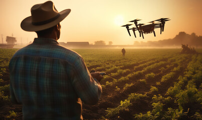 Farmer using drone for farming purposes in high technology innovations for increasing productivity in agriculture - obrazy, fototapety, plakaty