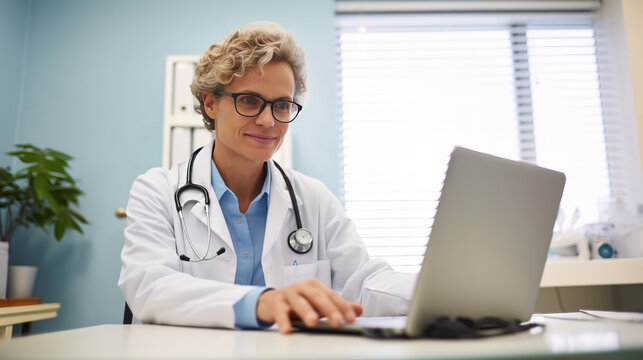 Doctor in medical clinic at desk using laptop for research