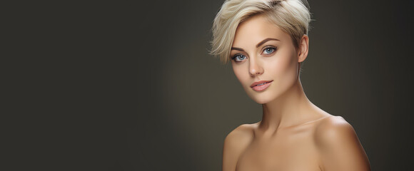 Portrait of a beautiful, sexy Caucasian woman with perfect skin and white short hair, on a silver...