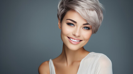 Portrait of a beautiful, sexy smiling Caucasian woman with perfect skin and short haircut, on a silver background.