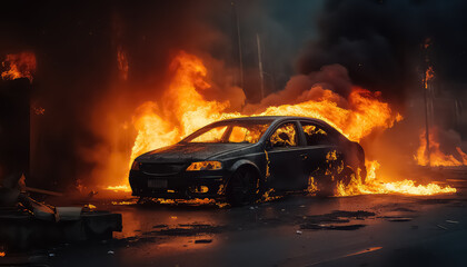 Fototapeta na wymiar Burning car on the streets of the city