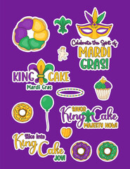 Mardi Gras carnival stickers. Festive King Cake, cupcake and donuts with colorful icing, baby Jesus toy, masks, necklaces and holiday phrases. Isolated Vector illustrations.