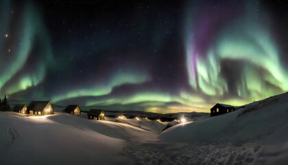 Northern lights ,houses with lights ,forest and mountains on the background