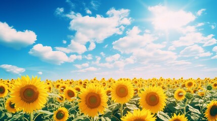 A radiant sunflower field against the backdrop of a clear, blue sky, their cheerful blooms...
