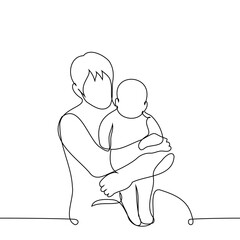 father holds a baby in arms, who stands with legs on the lap - one line art vector. concept of caring for the baby, parent on maternity leave to care for the child