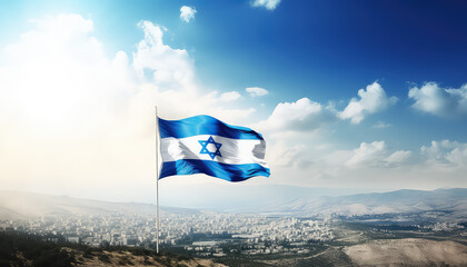 Fototapeta premium Flying Israeli flag close-up on street background