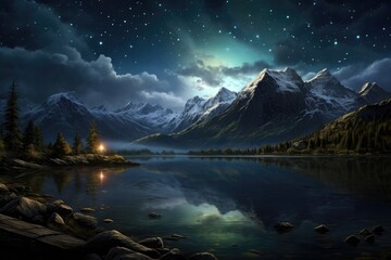 Breathtaking Starry Night Over Mountain And Lake Digital Art